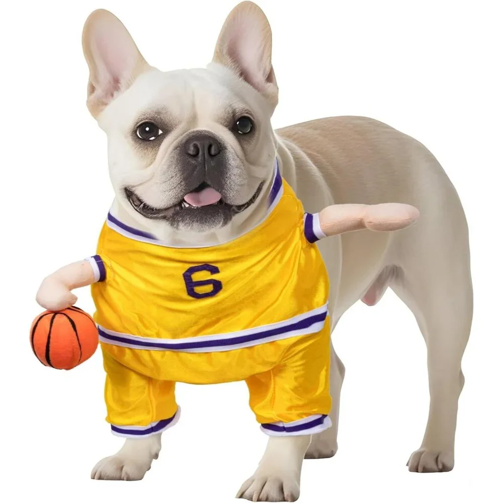 Dog Basketball Player Costume Yellow & Purple With Ball Size Small